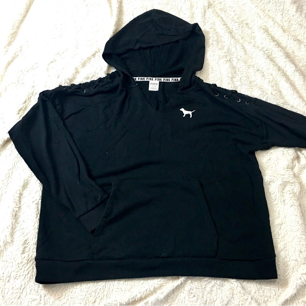 👟 PINK V-Neck Hoodie with Lace Up Shoulders and Kangaroo Pocket.